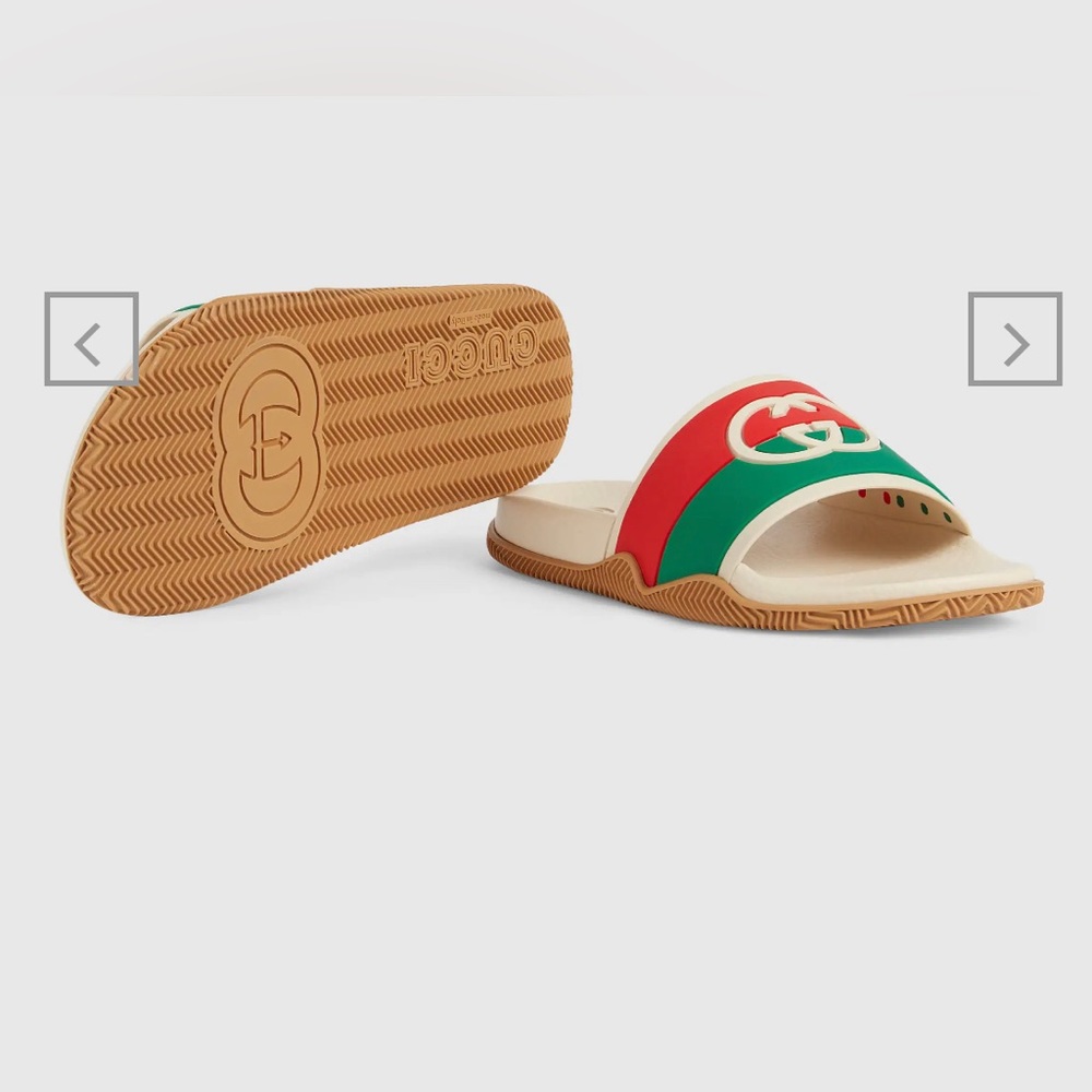 Gucci slides. Tan red and green